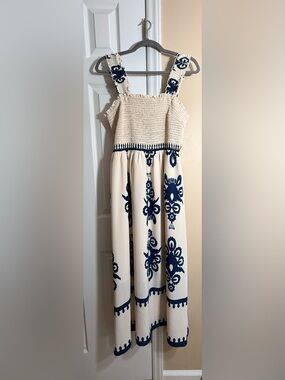 Cream Maxi Dress with Navy Embroidery